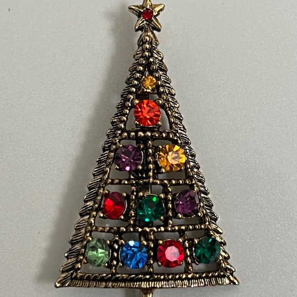 Vintage Christmas Tree Pin Brooch Beatrix B.J. Signed Rhinestone - Book Piece - Picture 11 of 12